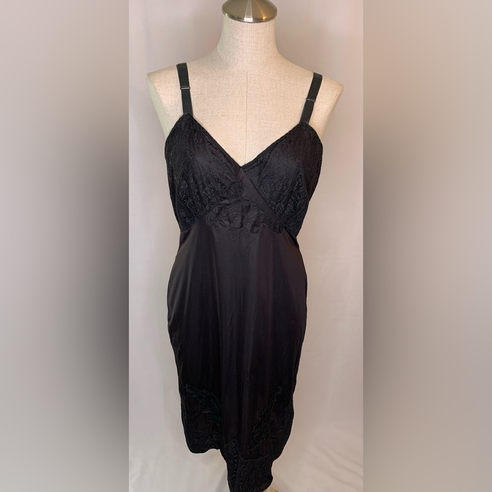 Vintage black slip dress Nani flower floral lace nightgown nightie medium retro
